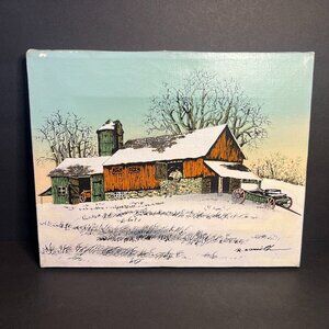 Original Winter Barn Farm House Signed R Smith Oil Canvas Painting Art 10 x 8"